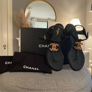 Authentic Chanel Jeweled Sandal Black with Gold Jeweled Sandal Logo size 38 1/2
